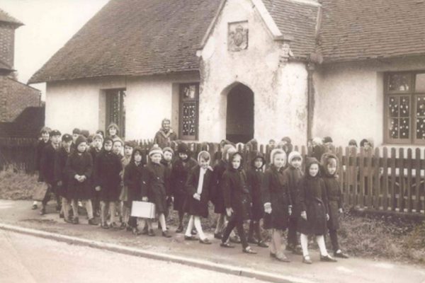 Pupils in a line outside The Old School circa 1960